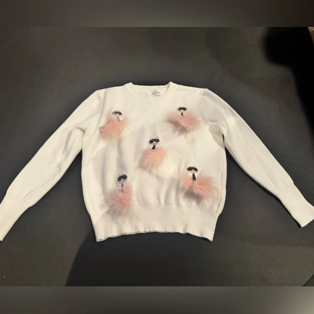 Lolita White Knit Faux Fur Sweater Y2K Barbiecore Coquette Vintage - Picture 2 of 8